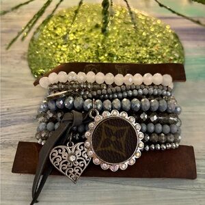 LV Upcycled Gray Beaded Stack Bracelet Set with Heart Charm